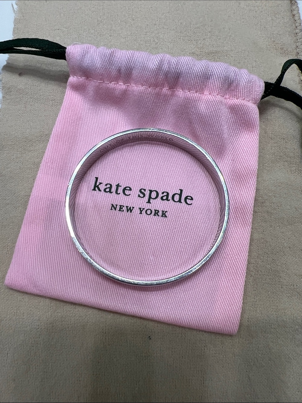 Kate Spade Silver Bangle with Pink Drawstring Pouch